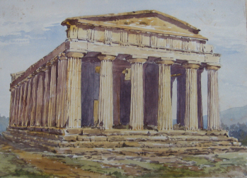 Watercolour of The Temple of Concord, Sicily, by May T-A, 1899.